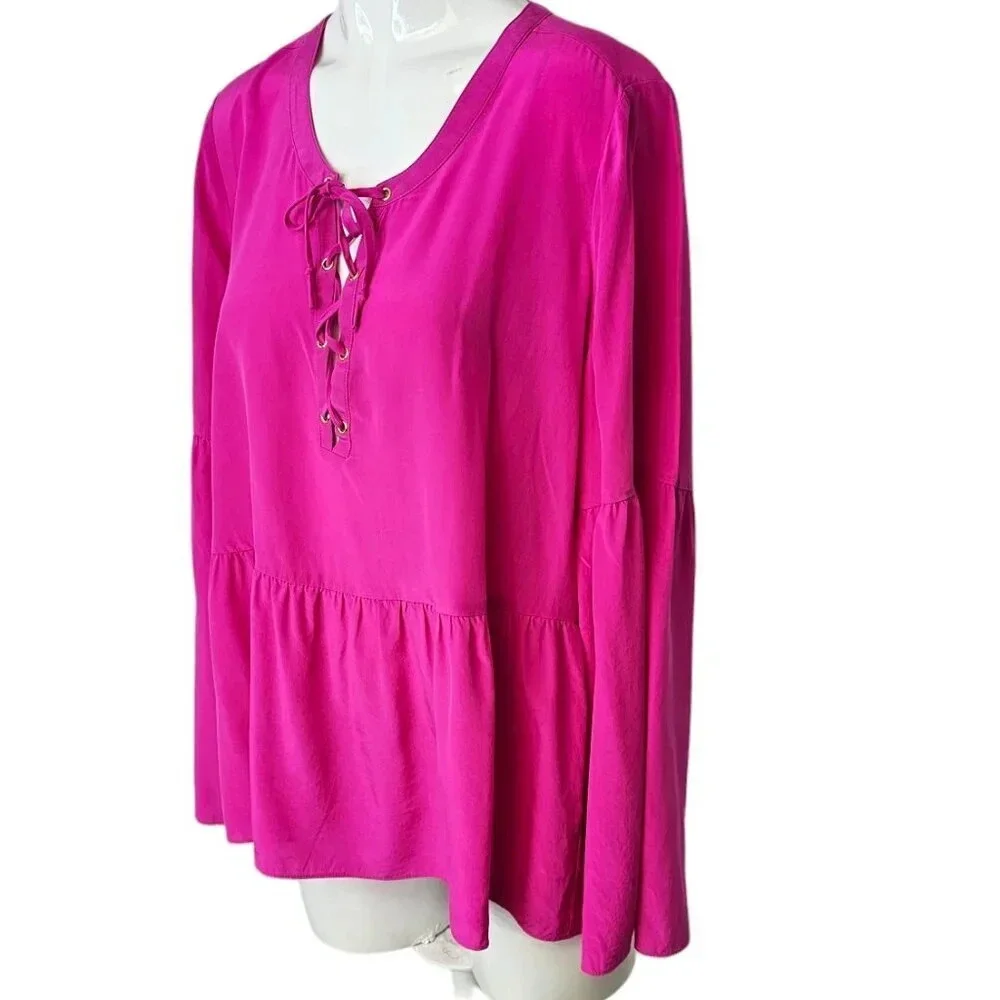 Lilly Pulitzer 100% Silk Tie Front Lace Up Blouse Pink  Size Medium Bell Sleeve - Picture 4 of 9
